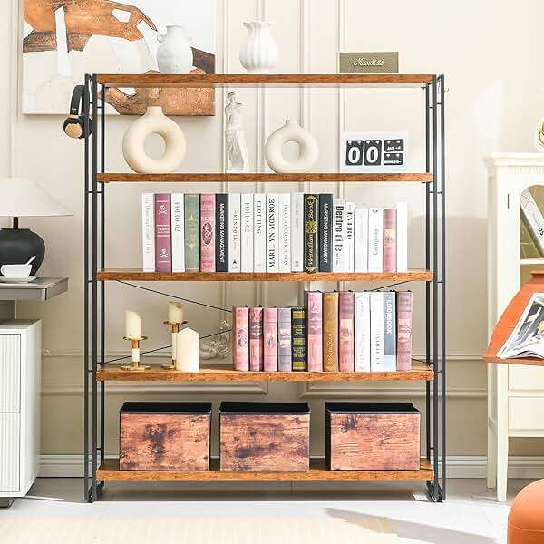 HCHQHS Bookshelf, 5-Tier Industrial Bookcase, Rustic Open Book Shelf, Freestanding Tall Bookshelves with Metal Frame - Image 7