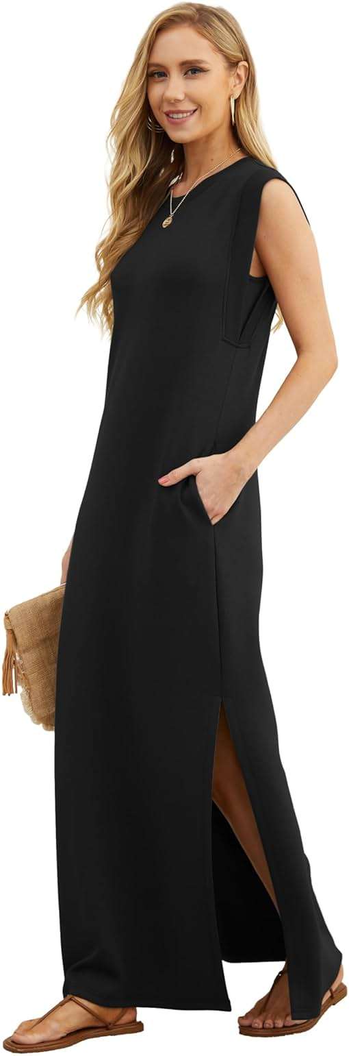 GRECERELLE 2026 Women Year-Round Casual Round Neck Loose Split Wrinkle-Free Long Maxi Vacation Dress with Pockets (XXS-4XL) - Image 2