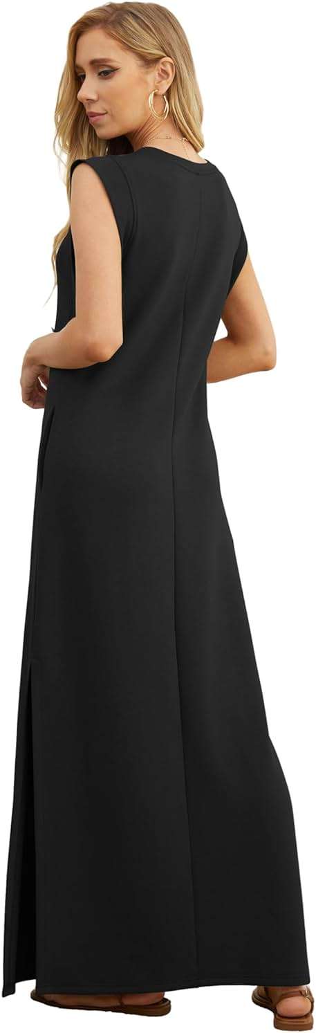 GRECERELLE 2026 Women Year-Round Casual Round Neck Loose Split Wrinkle-Free Long Maxi Vacation Dress with Pockets (XXS-4XL) - Image 5