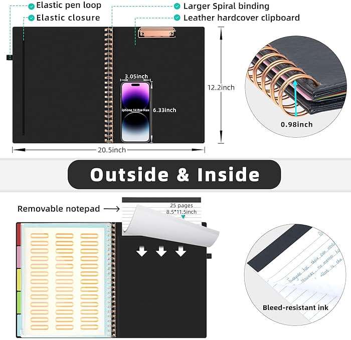 Ospelelf Leather Clipboard Folio with Notepad for Letter Size, Spiral Clipboard Folder with Storage Zipper Pouch, 5 Folders with 10 Pockets, 39 Divider Label Stickers, Pen Loop Series (Black) - Image 3