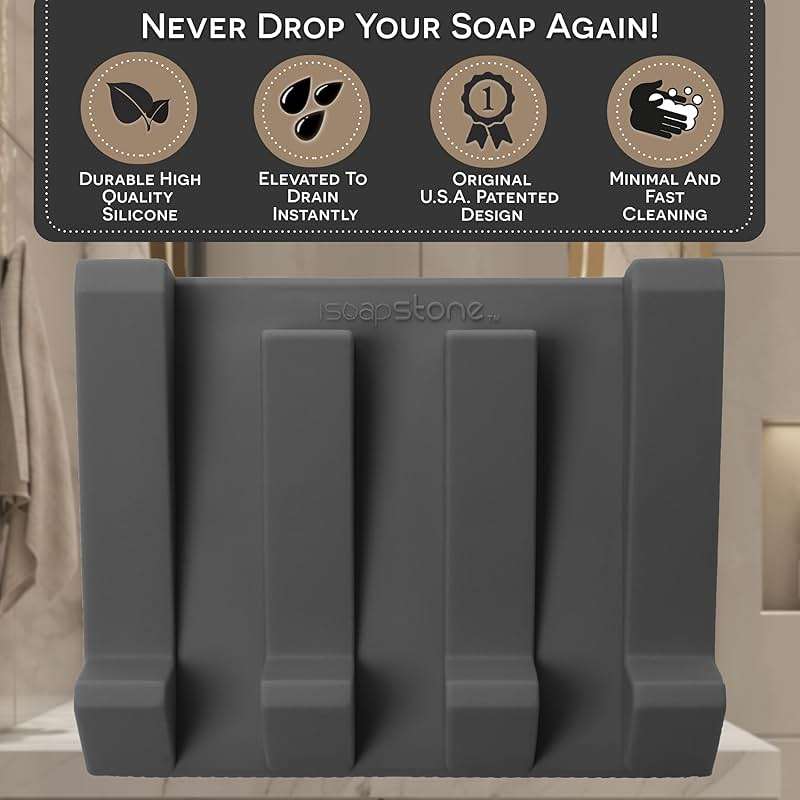 iSoapStone Silicone Soap Dish (USA Patented) Self Draining Bar Soap Holder for Shower Bathroom Sink, Drying Soap Dish Tray Kitchen Sponge Holder Easy Cleaning Soap Saver Mat (Dark Grey, 2) - Image 4
