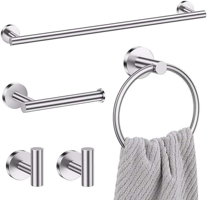 Lairuier 5 Pieces Brushed Nickel Bathroom Accessories Set, 23.6 Inch Bath Towel Bar Set, SUS304 Stainless Steel Bathroom Hardware Set Round Toilet Paper Holder Set Wall Mounted - Image 1