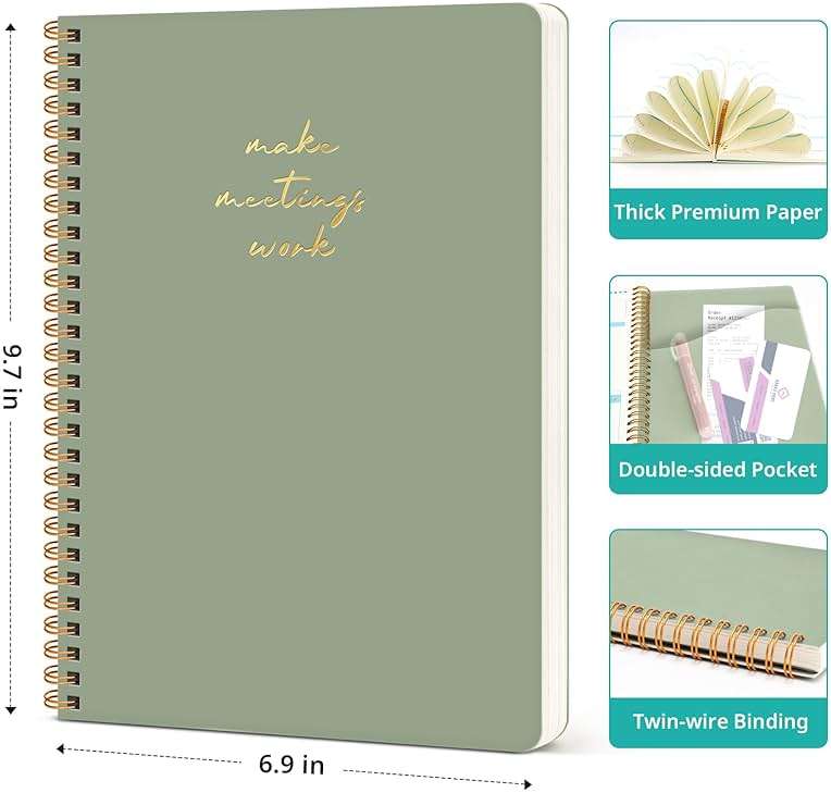 Taja Meeting Notebook for Work Organization - Work notebook with action items, Meeting Minutes Planner Notebook, Perfect Office Supplies for Men & Women - Green - Image 2