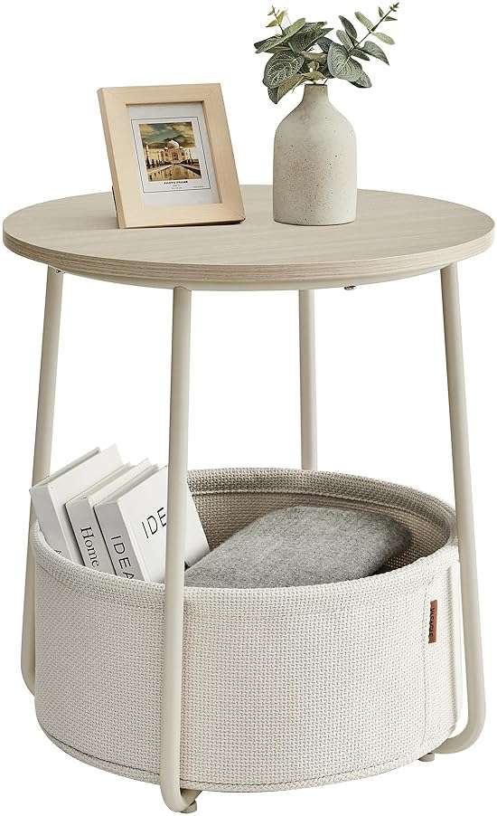 VASAGLE LILEA Collection - Small Round Side End Table, Modern Nightstand with Fabric Basket, Cream White ULET223K67 - Image 1