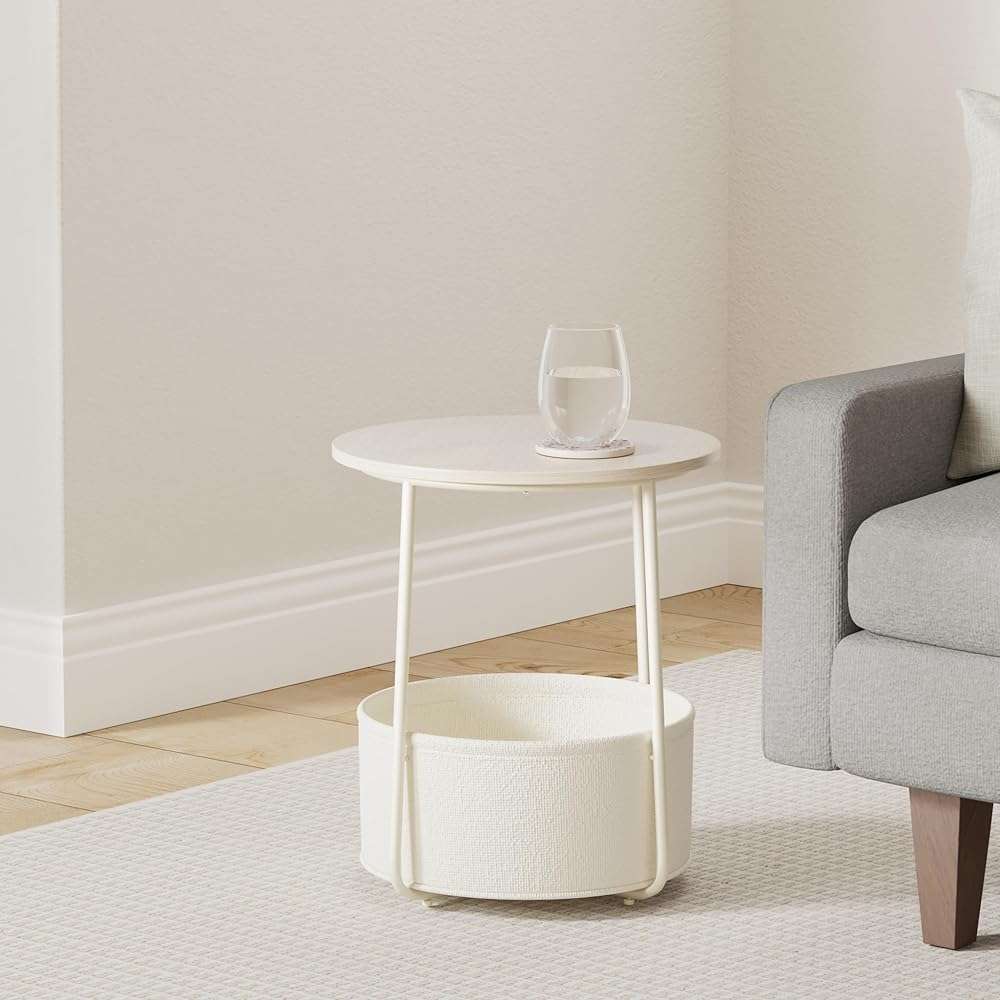 VASAGLE LILEA Collection - Small Round Side End Table, Modern Nightstand with Fabric Basket, Cream White ULET223K67 - Image 2