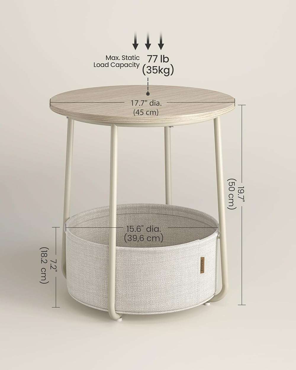 VASAGLE LILEA Collection - Small Round Side End Table, Modern Nightstand with Fabric Basket, Cream White ULET223K67 - Image 3
