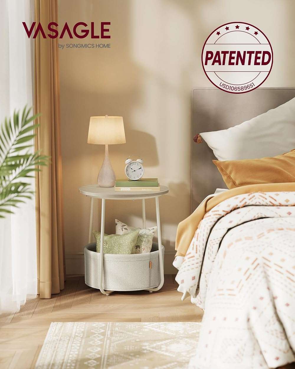 VASAGLE LILEA Collection - Small Round Side End Table, Modern Nightstand with Fabric Basket, Cream White ULET223K67 - Image 4