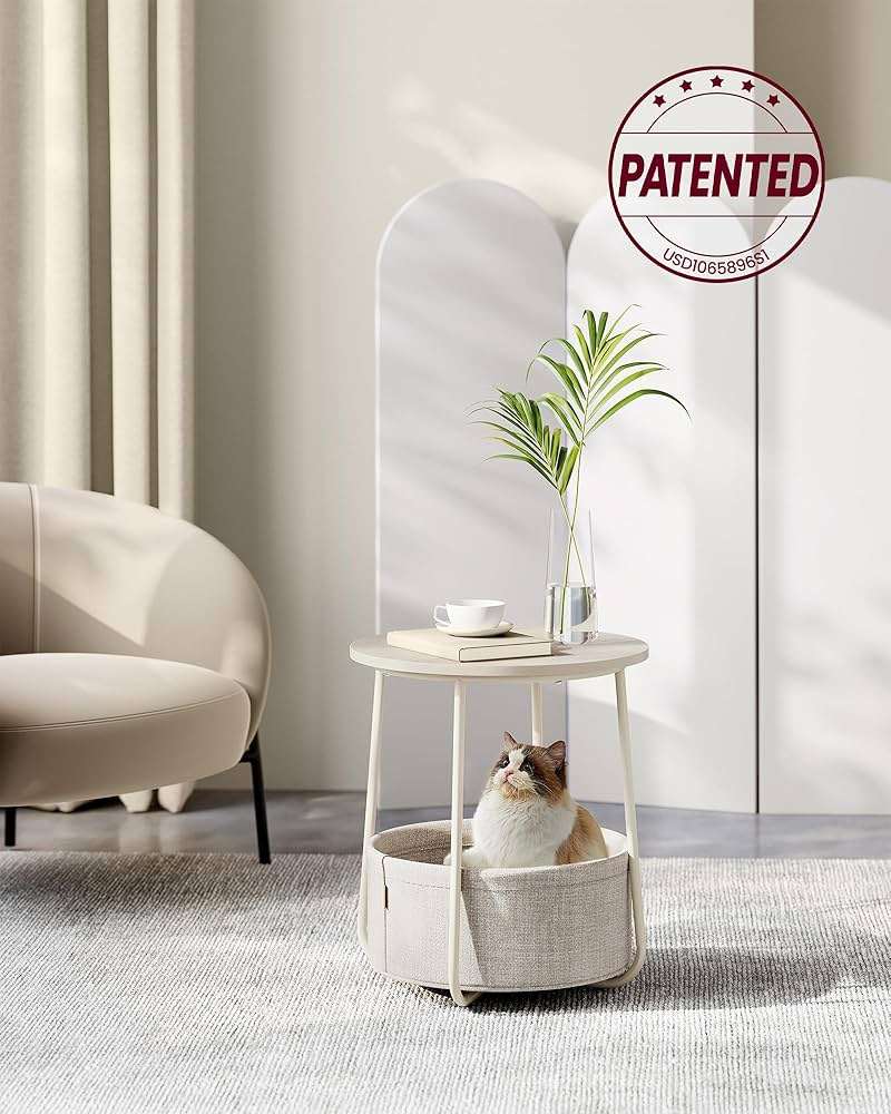 VASAGLE LILEA Collection - Small Round Side End Table, Modern Nightstand with Fabric Basket, Cream White ULET223K67 - Image 5
