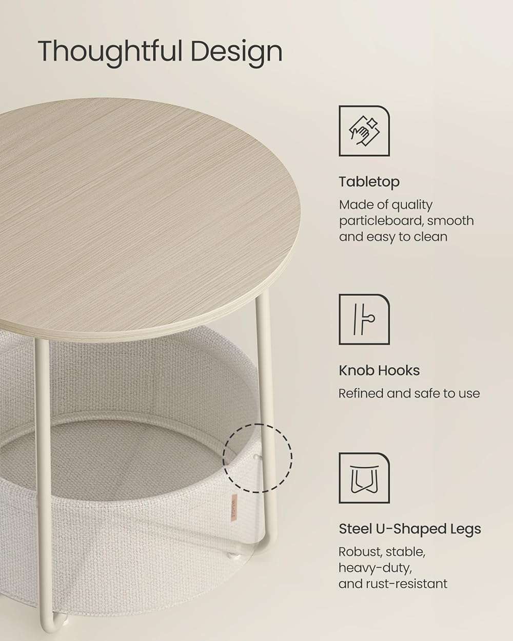 VASAGLE LILEA Collection - Small Round Side End Table, Modern Nightstand with Fabric Basket, Cream White ULET223K67 - Image 6