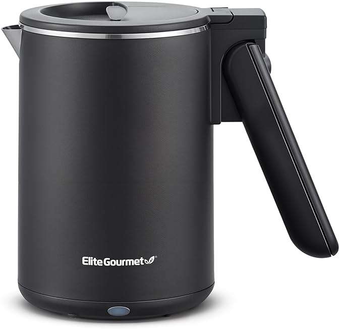 Elite Gourmet Dual Voltage 120-230V, Travel Double Wall Insulated Cool-Touch, 0.6L Electric Kettle Stainless Steel Interior, Hinged-Locking Lid, Auto Shut-Off, Boil Dry Protection, Black - Image 1