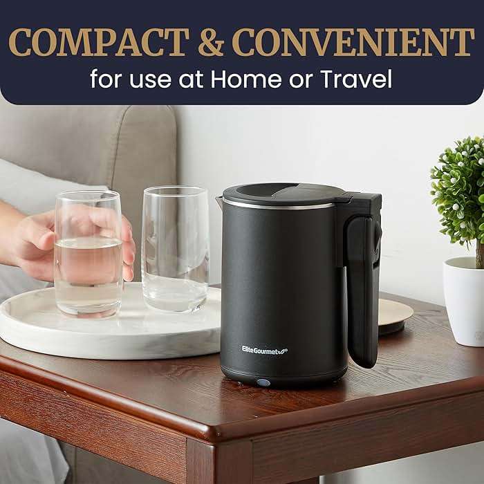Elite Gourmet Dual Voltage 120-230V, Travel Double Wall Insulated Cool-Touch, 0.6L Electric Kettle Stainless Steel Interior, Hinged-Locking Lid, Auto Shut-Off, Boil Dry Protection, Black - Image 8