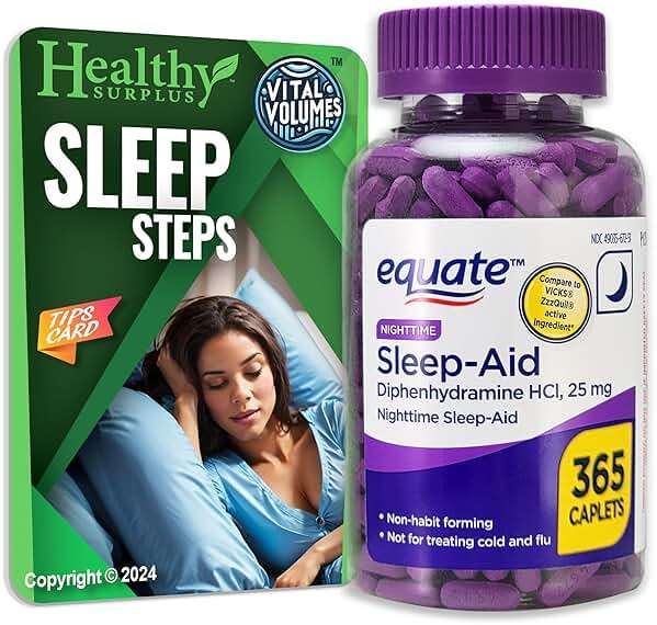 Equate Sleep-Aid Diphenhydramine HCI 25 mg 365 Caplets and Vital Volumes Sleep Steps Tips Card - Image 1