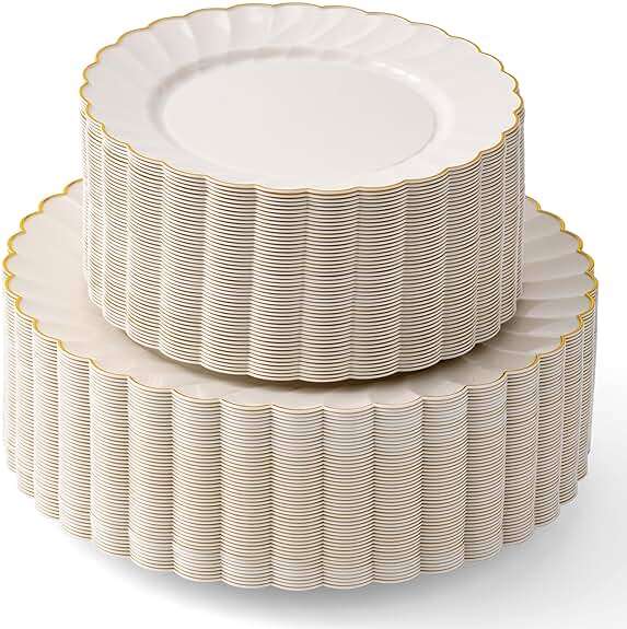By Madee HEAVYWEIGHT 100 Pc Scalloped Ivory Gold Plastic Plates for Party | 50 Dinner & 50 Dessert Plates Disposable Heavy Duty | Elegant & Fancy for Wedding, Baby Shower, Bridal Shower 50 Guests - Image 1