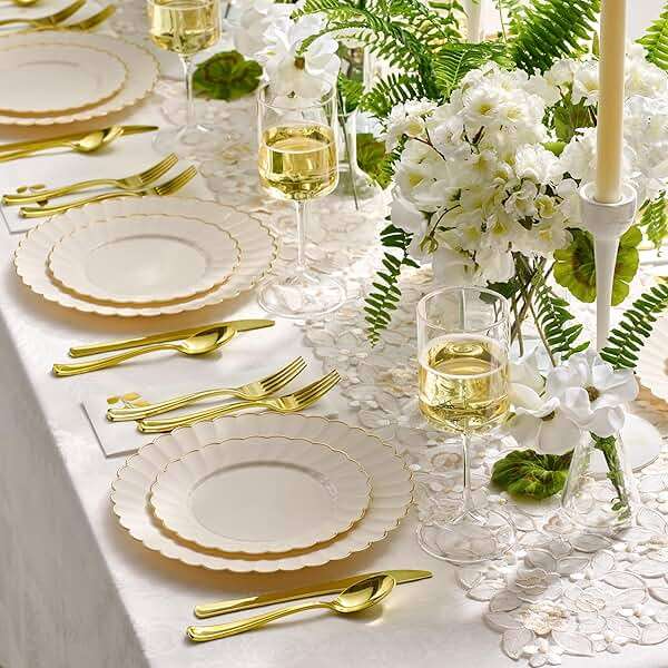 By Madee HEAVYWEIGHT 100 Pc Scalloped Ivory Gold Plastic Plates for Party | 50 Dinner & 50 Dessert Plates Disposable Heavy Duty | Elegant & Fancy for Wedding, Baby Shower, Bridal Shower 50 Guests - Image 2