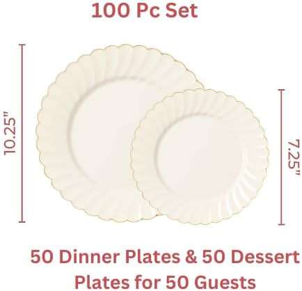 By Madee HEAVYWEIGHT 100 Pc Scalloped Ivory Gold Plastic Plates for Party | 50 Dinner & 50 Dessert Plates Disposable Heavy Duty | Elegant & Fancy for Wedding, Baby Shower, Bridal Shower 50 Guests - Image 3