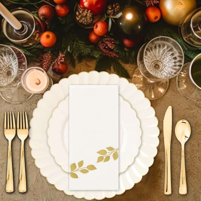 By Madee HEAVYWEIGHT 100 Pc Scalloped Ivory Gold Plastic Plates for Party | 50 Dinner & 50 Dessert Plates Disposable Heavy Duty | Elegant & Fancy for Wedding, Baby Shower, Bridal Shower 50 Guests - Image 5