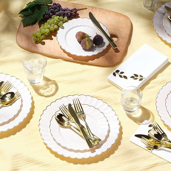 By Madee HEAVYWEIGHT 100 Pc Scalloped Ivory Gold Plastic Plates for Party | 50 Dinner & 50 Dessert Plates Disposable Heavy Duty | Elegant & Fancy for Wedding, Baby Shower, Bridal Shower 50 Guests - Image 7