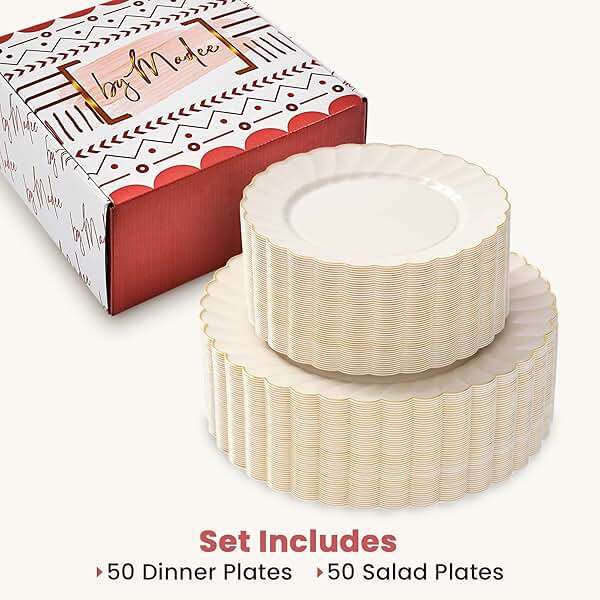 By Madee HEAVYWEIGHT 100 Pc Scalloped Ivory Gold Plastic Plates for Party | 50 Dinner & 50 Dessert Plates Disposable Heavy Duty | Elegant & Fancy for Wedding, Baby Shower, Bridal Shower 50 Guests - Image 8