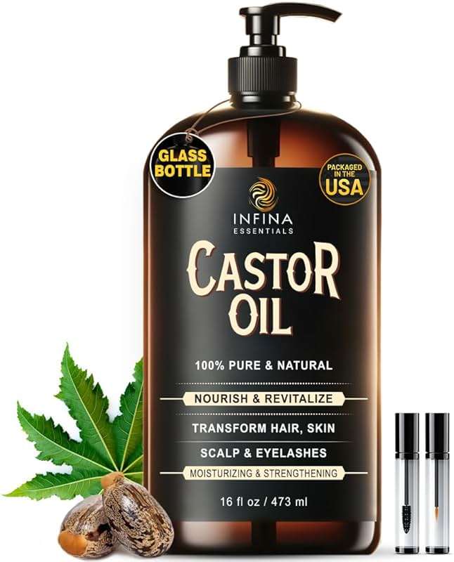 INFINA ESSENTIALS Pure Cold Pressed Castor Oil - Hexane Free, Glass Bottle for Hair Growth, Face, Scalp, Skin & Eyelashes - Nourishing and Moisturizing - 16 fl oz - Image 1