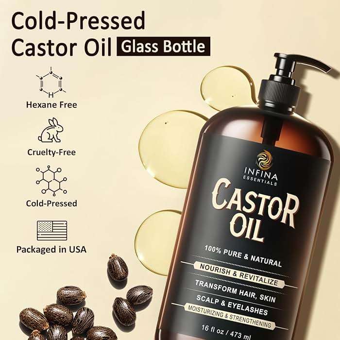 INFINA ESSENTIALS Pure Cold Pressed Castor Oil - Hexane Free, Glass Bottle for Hair Growth, Face, Scalp, Skin & Eyelashes - Nourishing and Moisturizing - 16 fl oz - Image 2