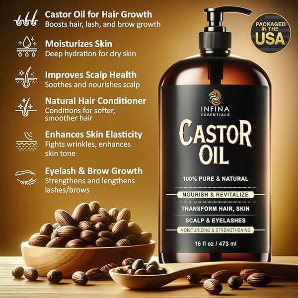 INFINA ESSENTIALS Pure Cold Pressed Castor Oil - Hexane Free, Glass Bottle for Hair Growth, Face, Scalp, Skin & Eyelashes - Nourishing and Moisturizing - 16 fl oz - Image 3