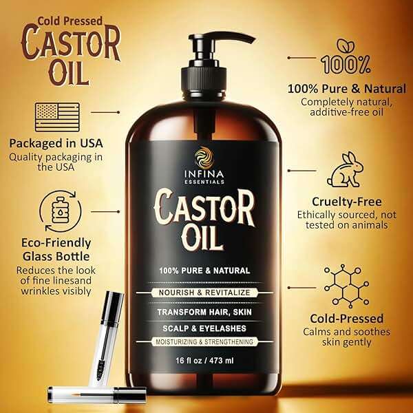 INFINA ESSENTIALS Pure Cold Pressed Castor Oil - Hexane Free, Glass Bottle for Hair Growth, Face, Scalp, Skin & Eyelashes - Nourishing and Moisturizing - 16 fl oz - Image 4