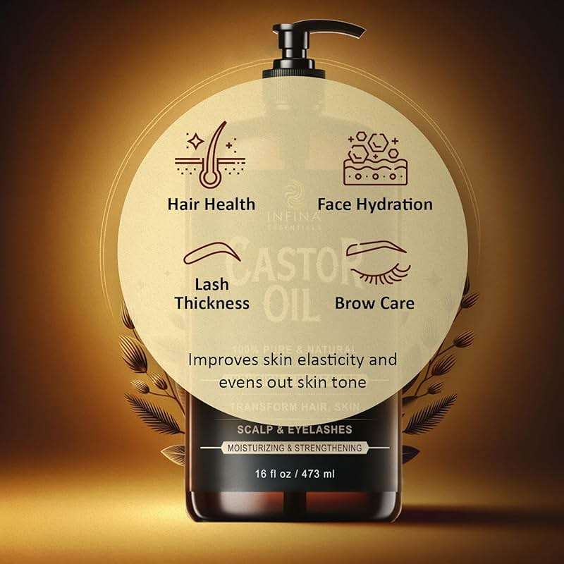 INFINA ESSENTIALS Pure Cold Pressed Castor Oil - Hexane Free, Glass Bottle for Hair Growth, Face, Scalp, Skin & Eyelashes - Nourishing and Moisturizing - 16 fl oz - Image 7