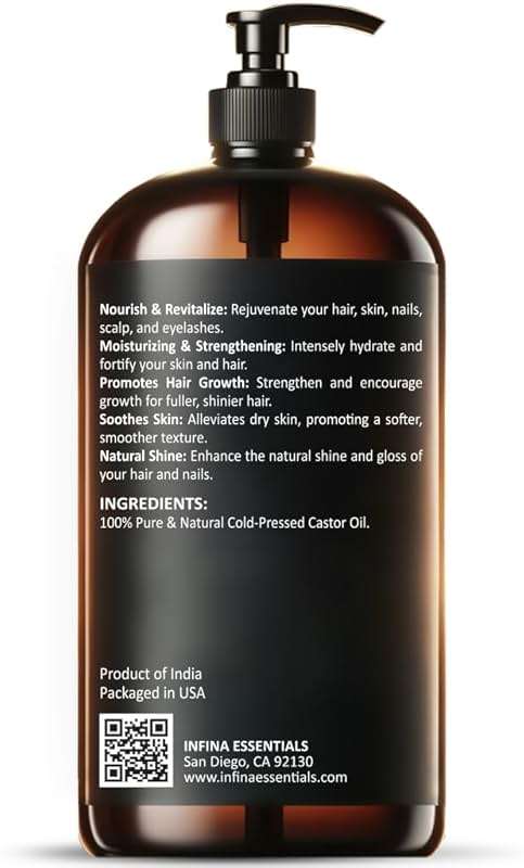 INFINA ESSENTIALS Pure Cold Pressed Castor Oil - Hexane Free, Glass Bottle for Hair Growth, Face, Scalp, Skin & Eyelashes - Nourishing and Moisturizing - 16 fl oz - Image 9