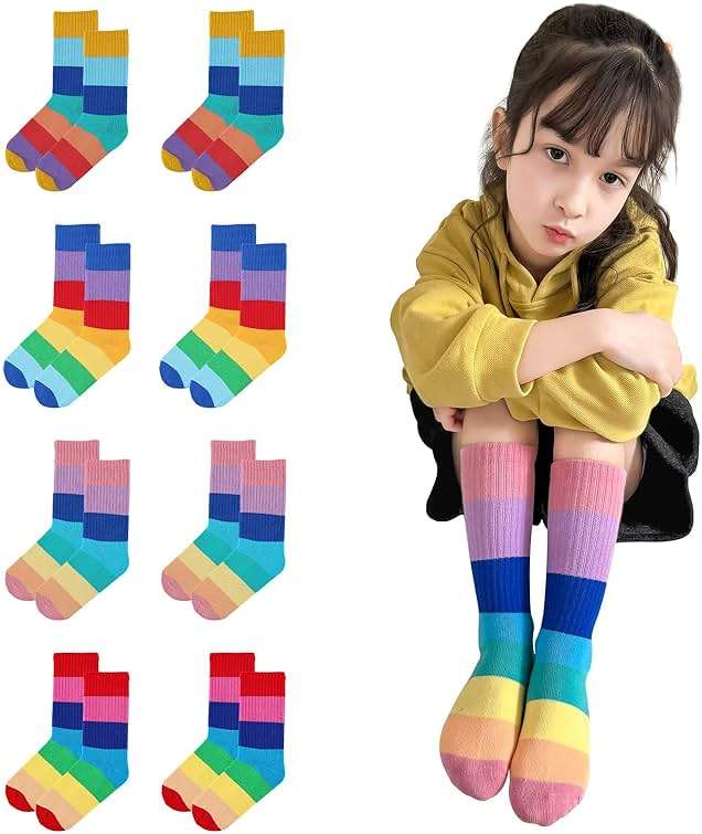MINI PANDA 8 pairs crew socks for girls, Girls Rainbow Stripe cotton Socks - Image 1