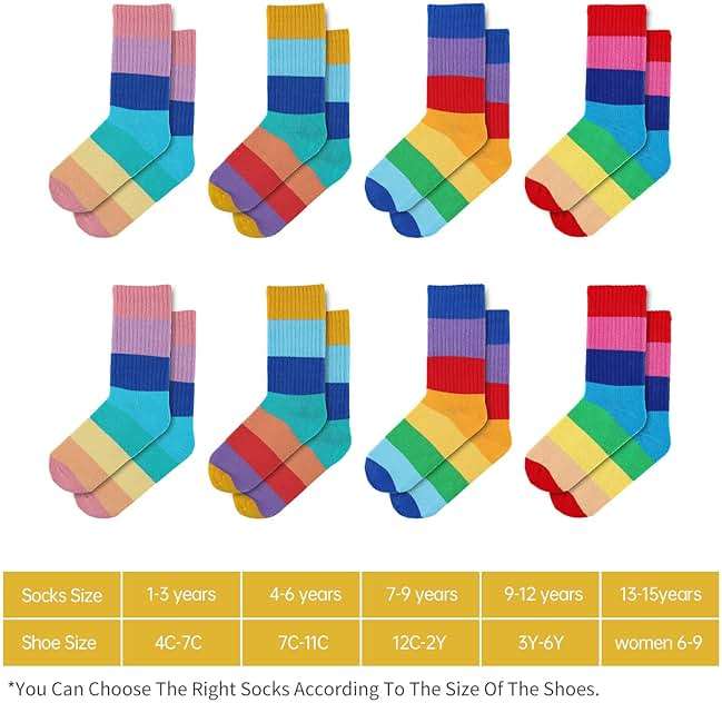MINI PANDA 8 pairs crew socks for girls, Girls Rainbow Stripe cotton Socks - Image 2