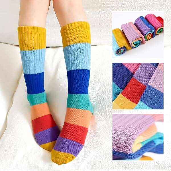 MINI PANDA 8 pairs crew socks for girls, Girls Rainbow Stripe cotton Socks - Image 3