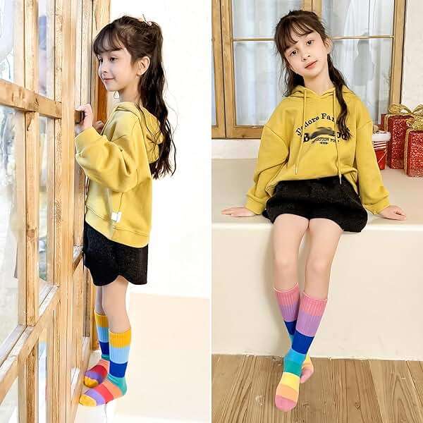 MINI PANDA 8 pairs crew socks for girls, Girls Rainbow Stripe cotton Socks - Image 5