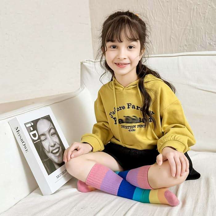 MINI PANDA 8 pairs crew socks for girls, Girls Rainbow Stripe cotton Socks - Image 7