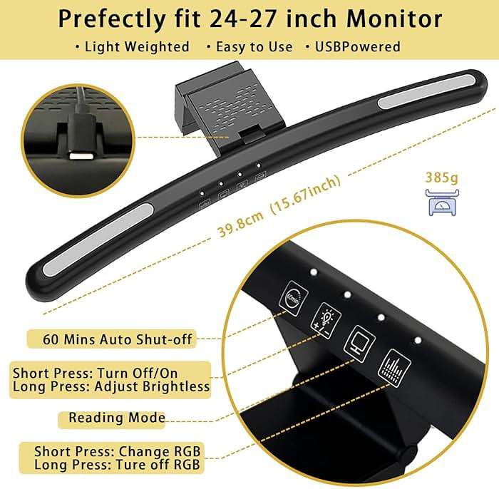 Curved Monitor Light Bar for 24-27 Inch Curved Screens Light Bar with 7 RGB, Stepless Dimming 3 Color Temperatures USB Powered Gaming Computer Light - Image 2