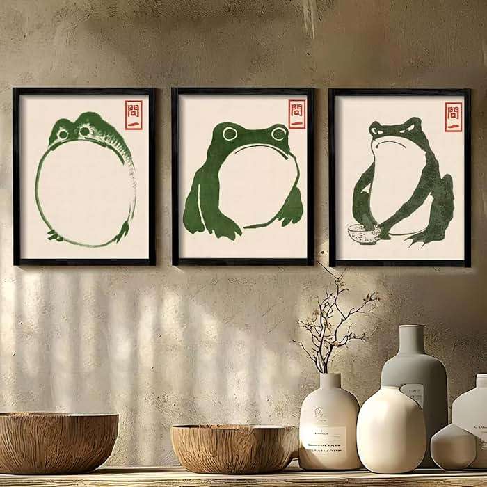 Houmury Set of 3 Framed Japanese Frog Wall Art Decor Vintage Wall Signs Cute Minimalist Decors - Image 3