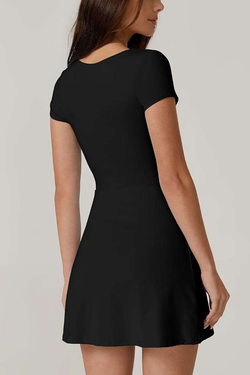 QINSEN Womens Square Neck Tennis Dress Short Sleeve Built in Shorts Golf Athletic Dress with Pockets - Image 2