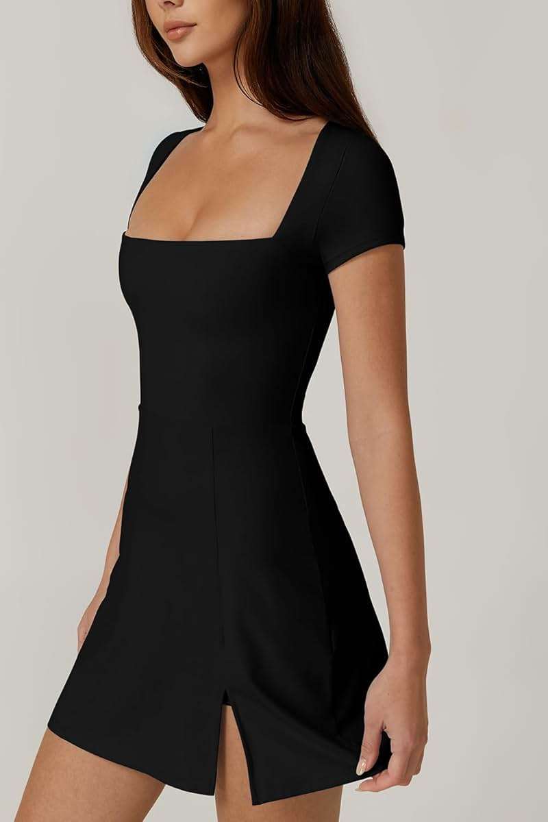 QINSEN Womens Square Neck Tennis Dress Short Sleeve Built in Shorts Golf Athletic Dress with Pockets - Image 4