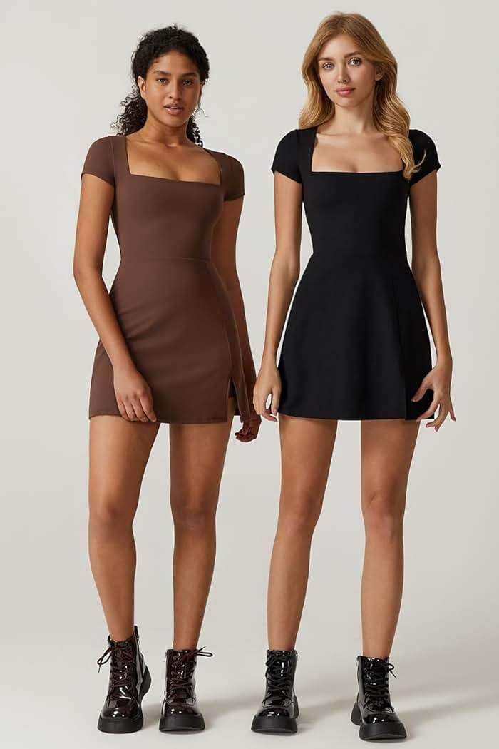 QINSEN Womens Square Neck Tennis Dress Short Sleeve Built in Shorts Golf Athletic Dress with Pockets - Image 6