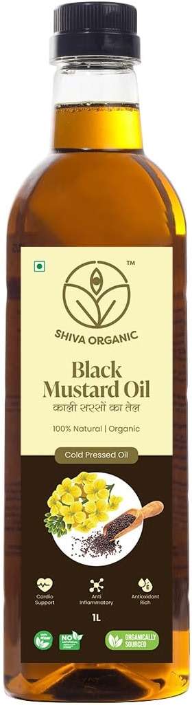 Shiva Organic Pure Black Mustard Oil 33.8oz (1L), Cold Pressed Raw Seed Oil for Cooking, Massage and Hair Care - Image 1