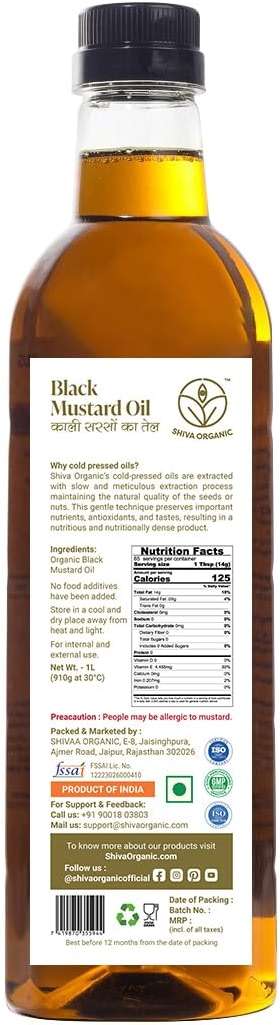 Shiva Organic Pure Black Mustard Oil 33.8oz (1L), Cold Pressed Raw Seed Oil for Cooking, Massage and Hair Care - Image 2