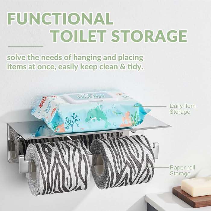 APLusee Double Toilet Paper Holder with Phone Shelf, 304 Stainless Steel Bathroom Tissue Hanger, Wall Mounted Dual Roll Paper Dispenser, Polished Chrome - Image 3
