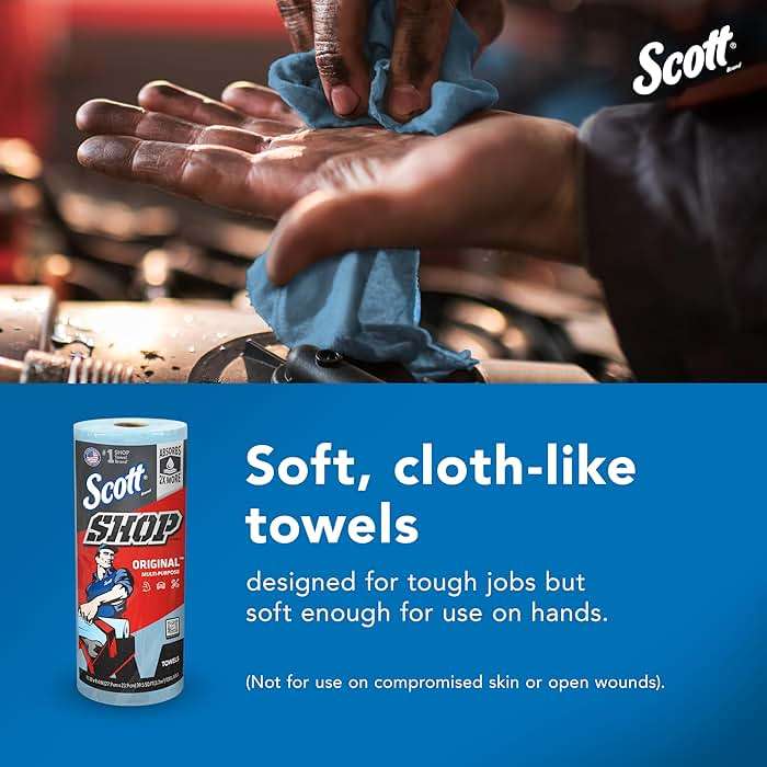 Scott Shop Original Blue Towels (55990), Large 9.4”x11 Cloth-like Paper Towel, 4 packs of 6 (60 Sheets/Roll, 24 Big Rolls/Case, 1,440 Sheet Total) - Image 8