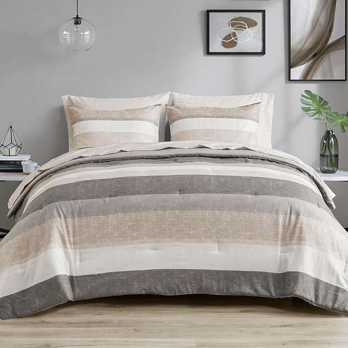 Madison Park Essentials Queen Comforter Set, Bed in A Bag Comforter & Sheet Set, Modern Casual Stripes Print, All Seasons, Soft Microfiber Bedding Makeover, Matching Shams, Queen Taupe/Grey 7 Piece - Image 1