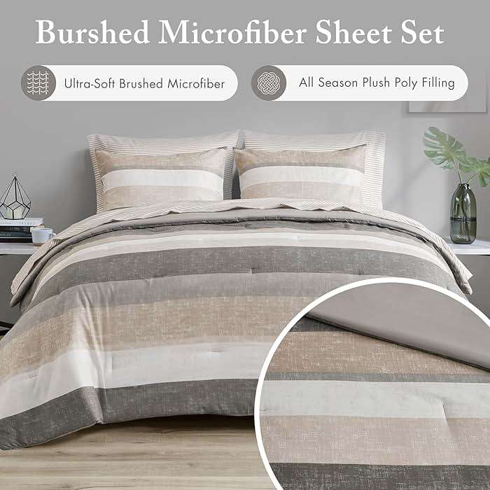 Madison Park Essentials Queen Comforter Set, Bed in A Bag Comforter & Sheet Set, Modern Casual Stripes Print, All Seasons, Soft Microfiber Bedding Makeover, Matching Shams, Queen Taupe/Grey 7 Piece - Image 3