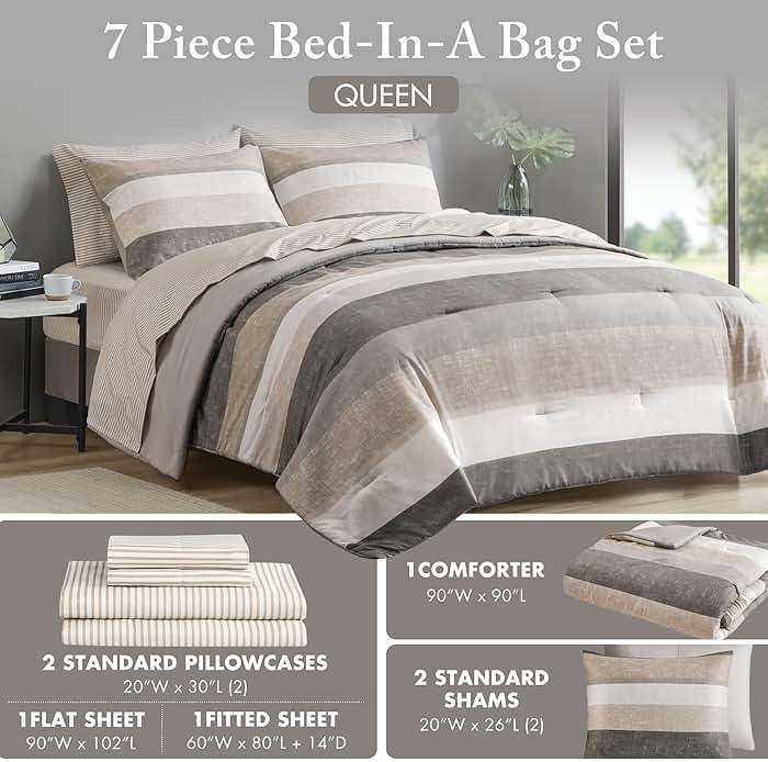 Madison Park Essentials Queen Comforter Set, Bed in A Bag Comforter & Sheet Set, Modern Casual Stripes Print, All Seasons, Soft Microfiber Bedding Makeover, Matching Shams, Queen Taupe/Grey 7 Piece - Image 5
