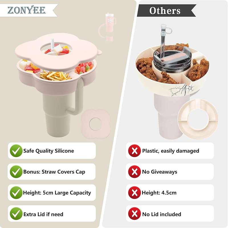 Zonyee Snack Bowl with Lid for Stanley 30 oz Tumbler with Handle, Silicone Snack Tray Snack Ring for Stanley Cup Accessories, Suitable for Car Cup Holder or Outdoor, Rose Quartz - Image 3