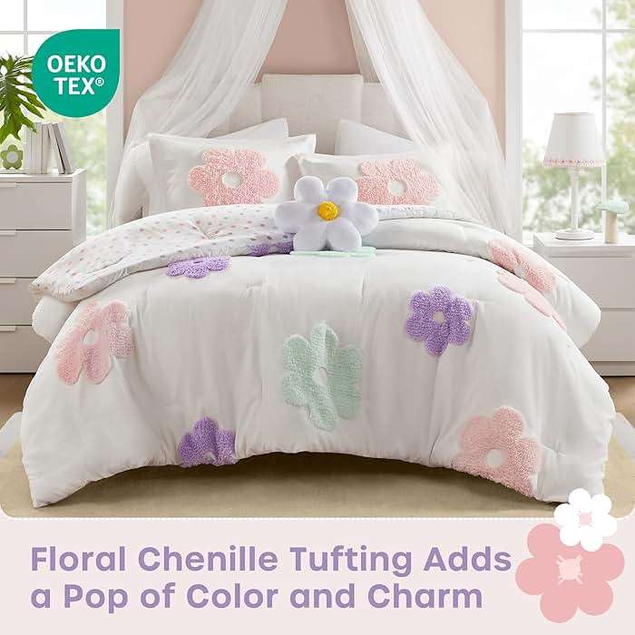Intelligent Design Kids Full Comforter Set for Girls, Tufted Chenille Floral Comforter Set Queen, Lightweight Polka Dot Reversible Bed Set, Shams, Pillow, Gracie, Full/Queen White/Purple 4 Piece - Image 2
