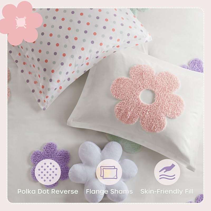 Intelligent Design Kids Full Comforter Set for Girls, Tufted Chenille Floral Comforter Set Queen, Lightweight Polka Dot Reversible Bed Set, Shams, Pillow, Gracie, Full/Queen White/Purple 4 Piece - Image 3