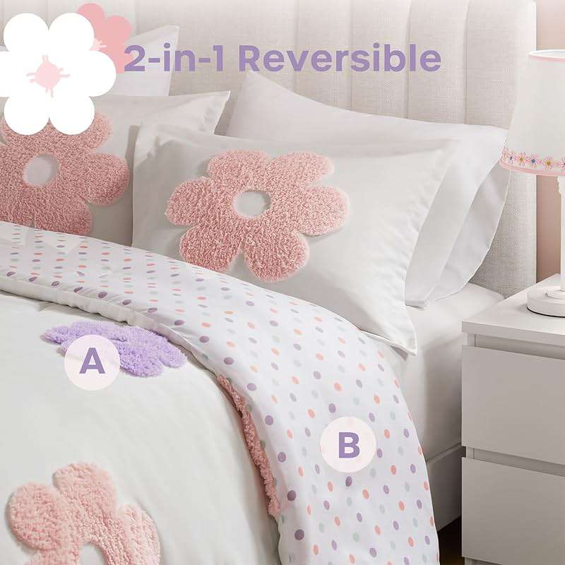 Intelligent Design Kids Full Comforter Set for Girls, Tufted Chenille Floral Comforter Set Queen, Lightweight Polka Dot Reversible Bed Set, Shams, Pillow, Gracie, Full/Queen White/Purple 4 Piece - Image 4