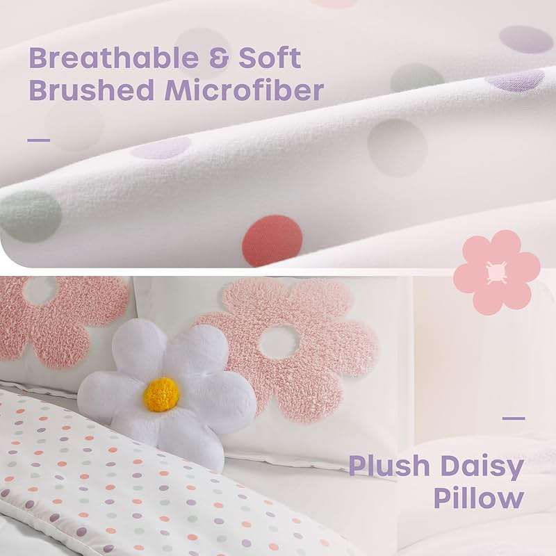 Intelligent Design Kids Full Comforter Set for Girls, Tufted Chenille Floral Comforter Set Queen, Lightweight Polka Dot Reversible Bed Set, Shams, Pillow, Gracie, Full/Queen White/Purple 4 Piece - Image 5